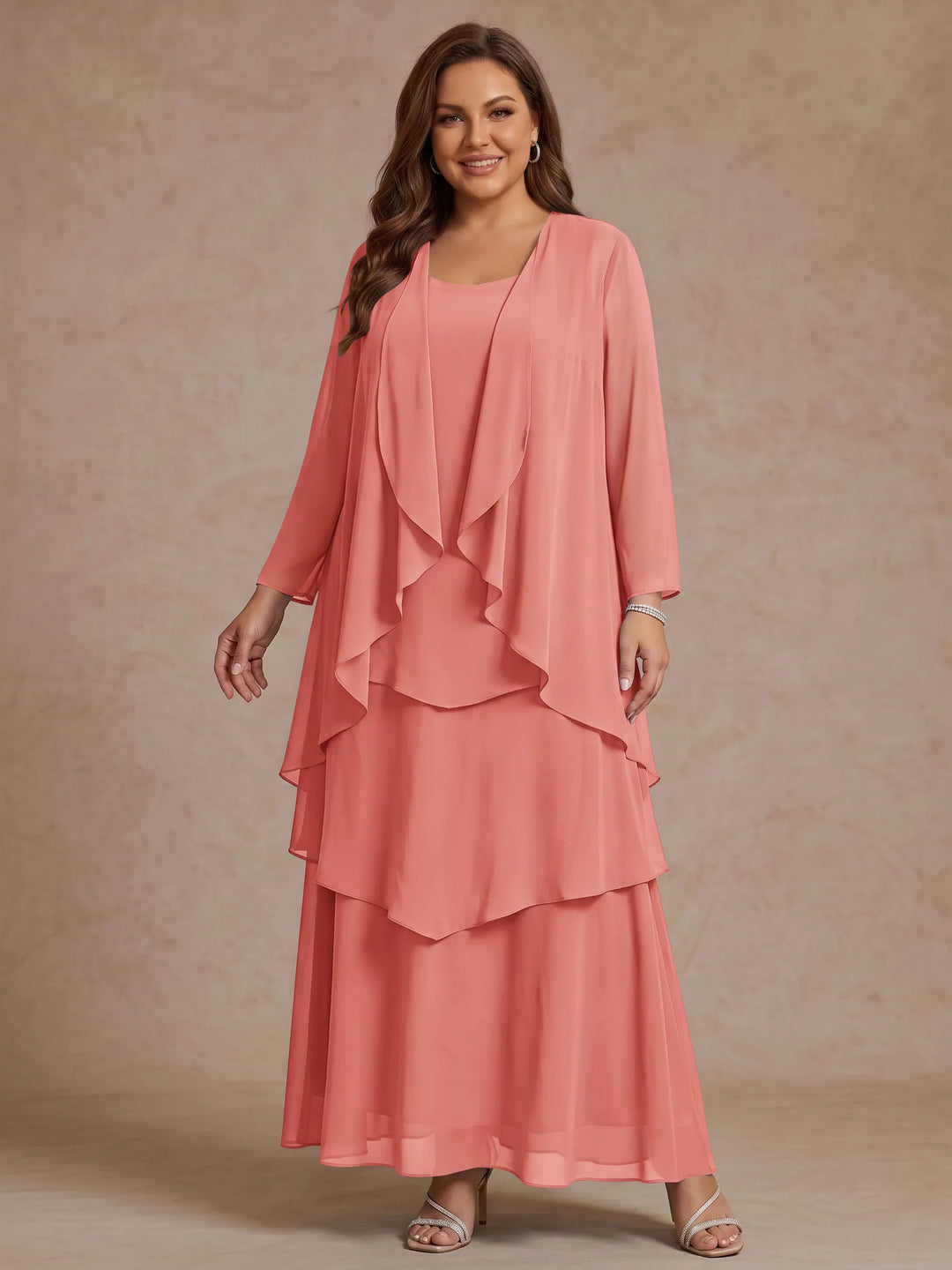 A-Line/Princess Scoop Chiffon Plus Size Mother of the Bride Dresses with Jacket &amp; Ruffles Long Sleeves Ankle-Length