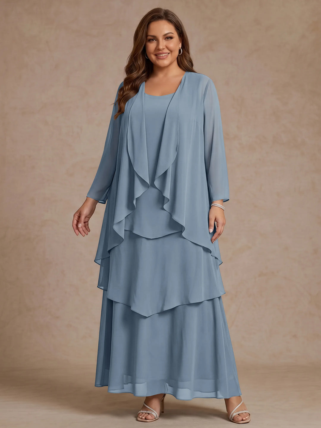 A-Line/Princess Scoop Chiffon Plus Size Mother of the Bride Dresses with Jacket &amp; Ruffles Long Sleeves Ankle-Length