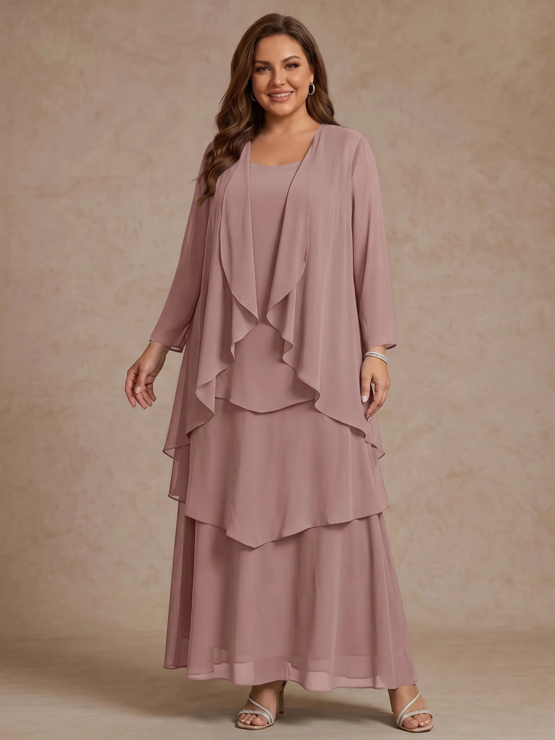 A-Line/Princess Scoop Chiffon Plus Size Mother of the Bride Dresses with Jacket &amp; Ruffles Long Sleeves Ankle-Length