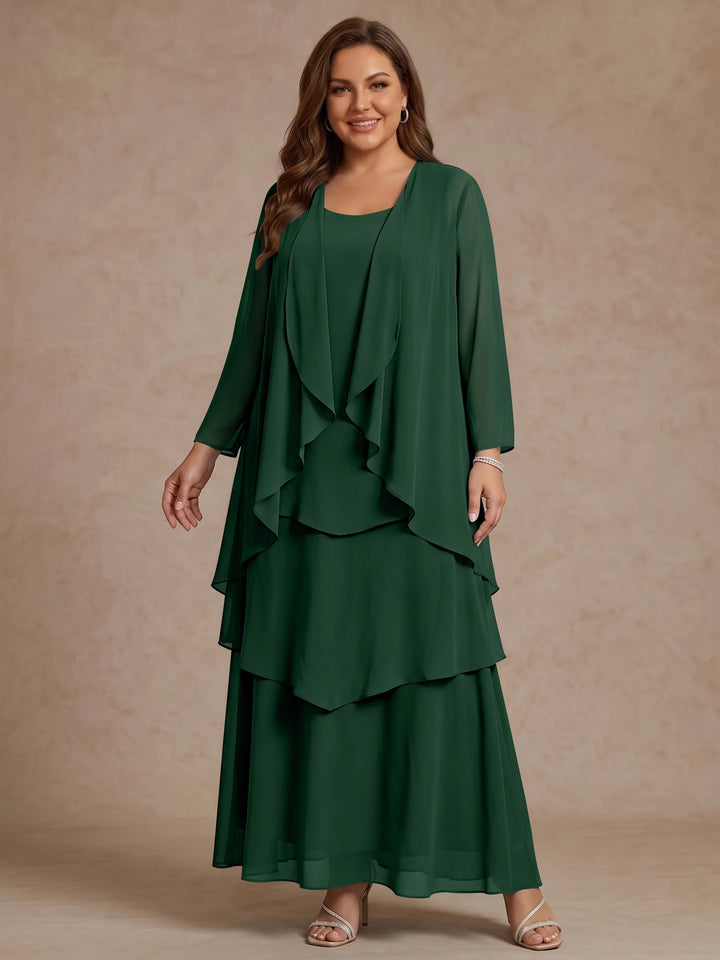 A-Line/Princess Scoop Chiffon Plus Size Mother of the Bride Dresses with Jacket &amp; Ruffles Long Sleeves Ankle-Length