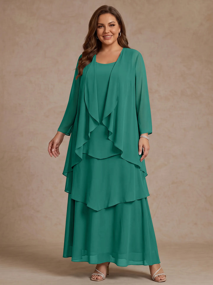 A-Line/Princess Scoop Chiffon Plus Size Mother of the Bride Dresses with Jacket &amp; Ruffles Long Sleeves Ankle-Length