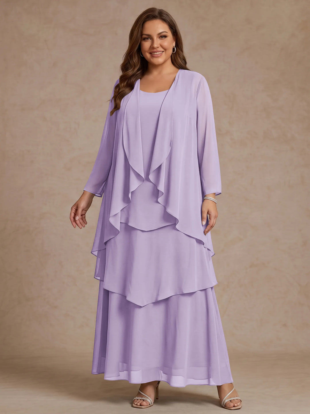 A-Line/Princess Scoop Chiffon Plus Size Mother of the Bride Dresses with Jacket &amp; Ruffles Long Sleeves Ankle-Length