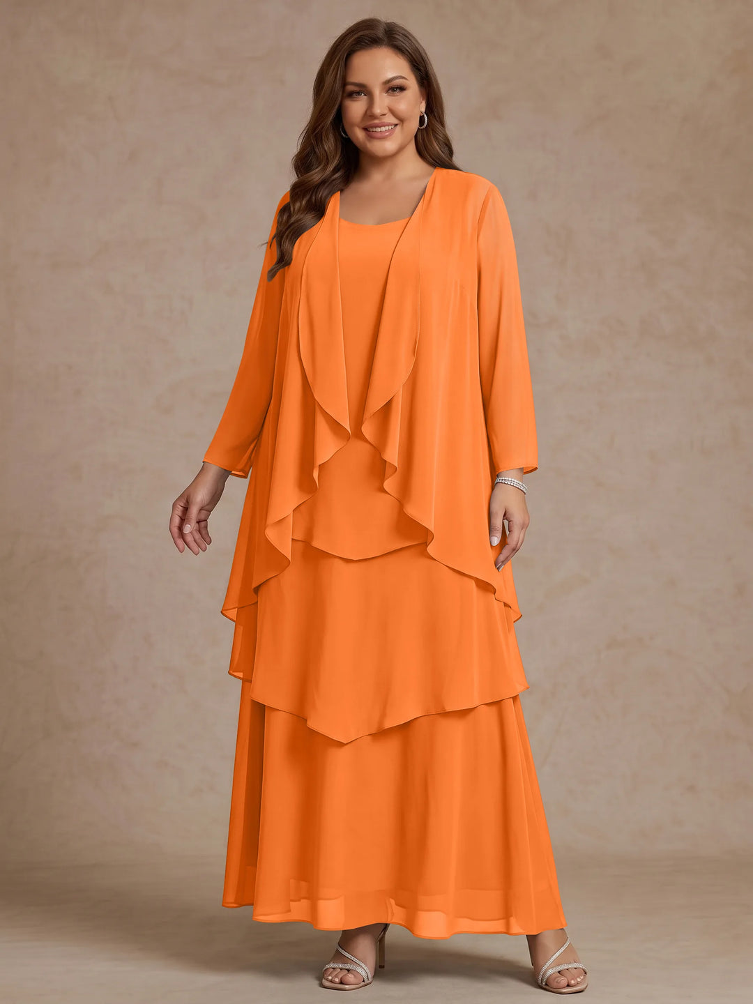 A-Line/Princess Scoop Chiffon Plus Size Mother of the Bride Dresses with Jacket &amp; Ruffles Long Sleeves Ankle-Length