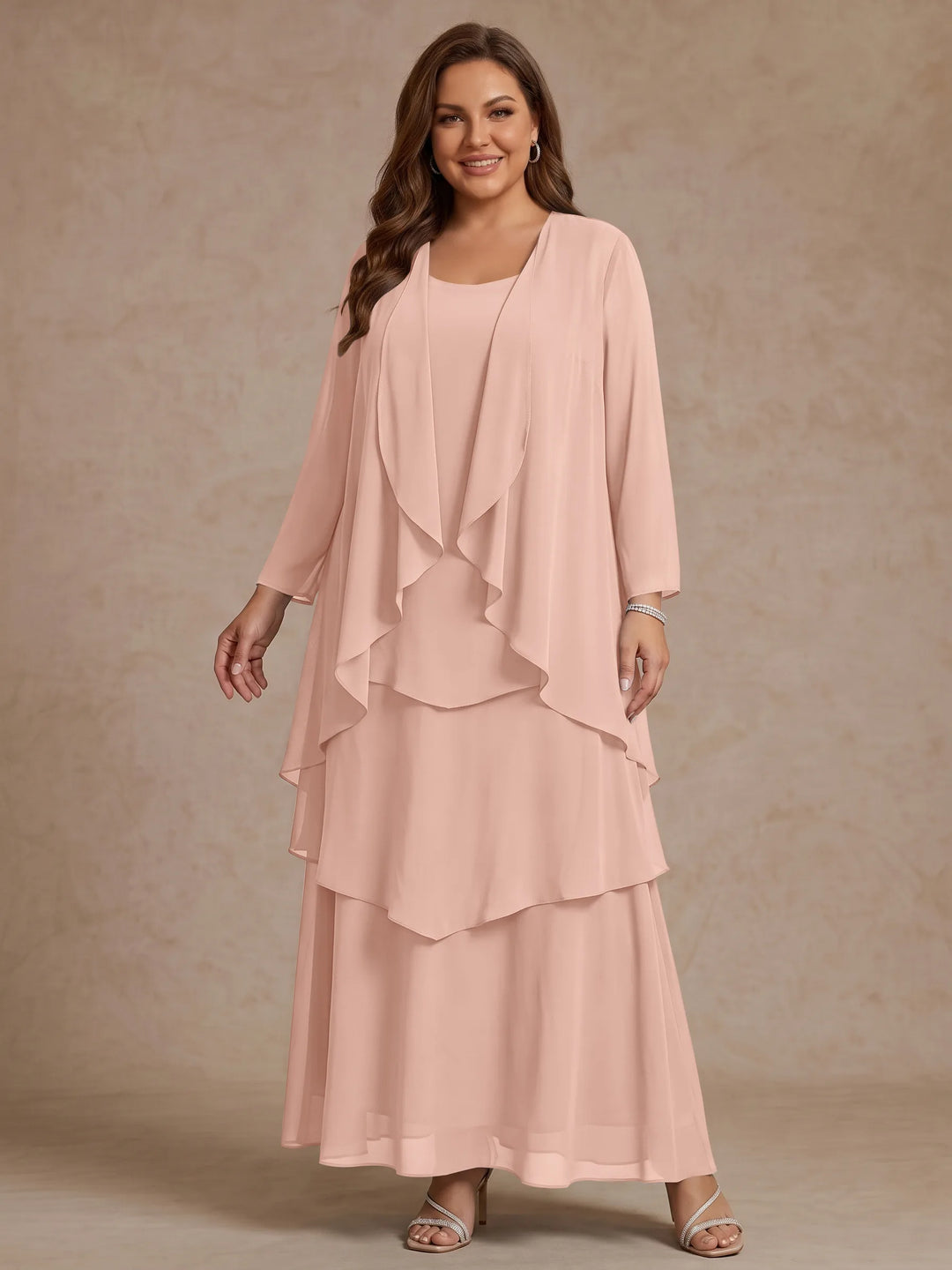 A-Line/Princess Scoop Chiffon Plus Size Mother of the Bride Dresses with Jacket &amp; Ruffles Long Sleeves Ankle-Length