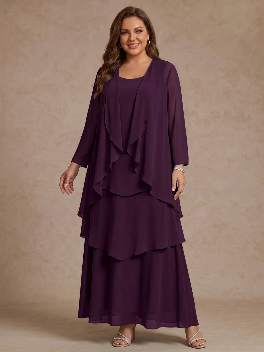 A-Line/Princess Scoop Chiffon Plus Size Mother of the Bride Dresses with Jacket &amp; Ruffles Long Sleeves Ankle-Length