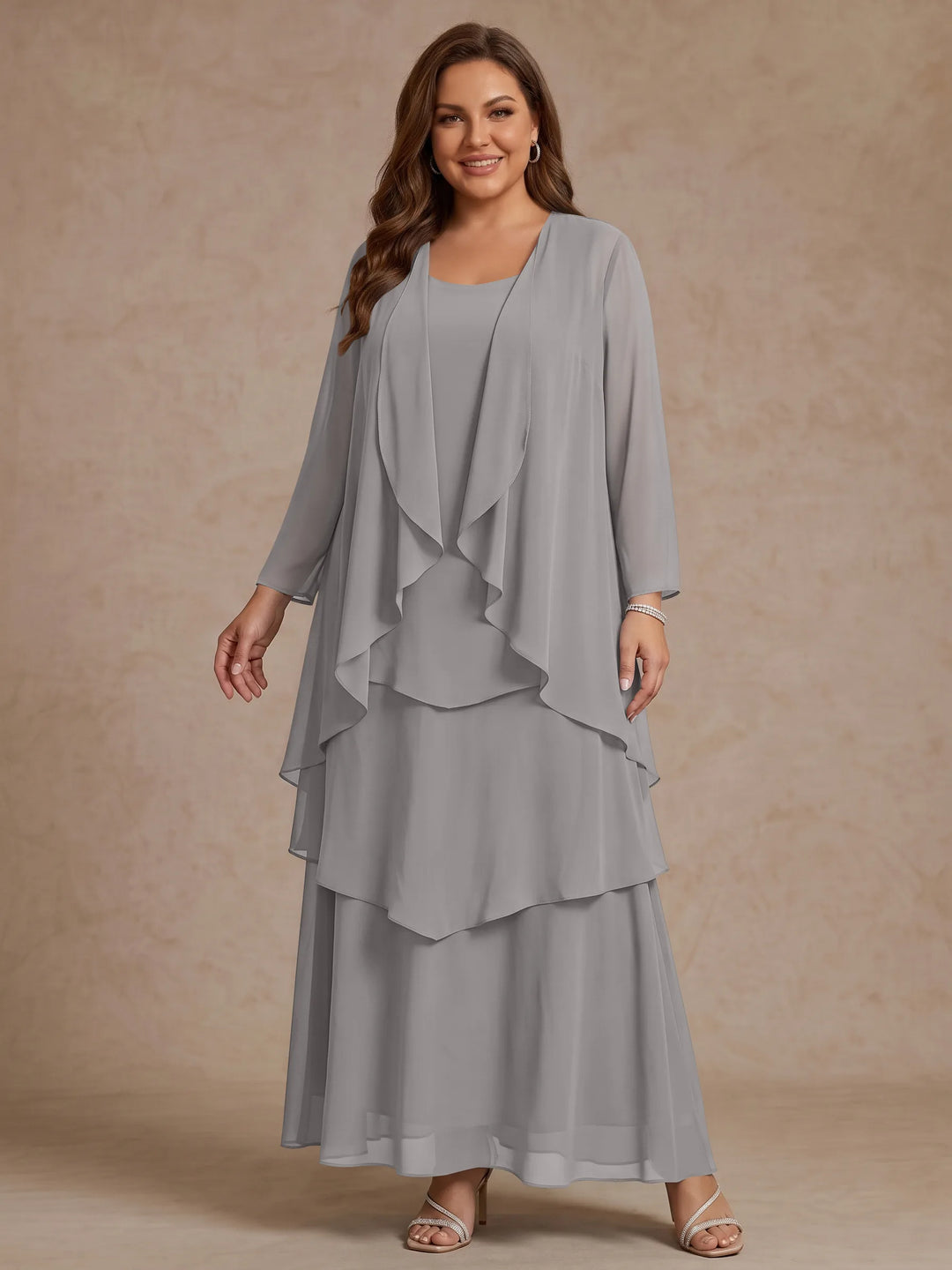 A-Line/Princess Scoop Chiffon Plus Size Mother of the Bride Dresses with Jacket &amp; Ruffles Long Sleeves Ankle-Length