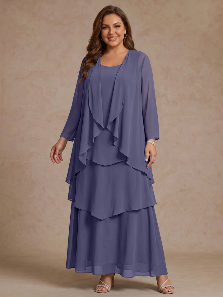 A-Line/Princess Scoop Chiffon Plus Size Mother of the Bride Dresses with Jacket &amp; Ruffles Long Sleeves Ankle-Length