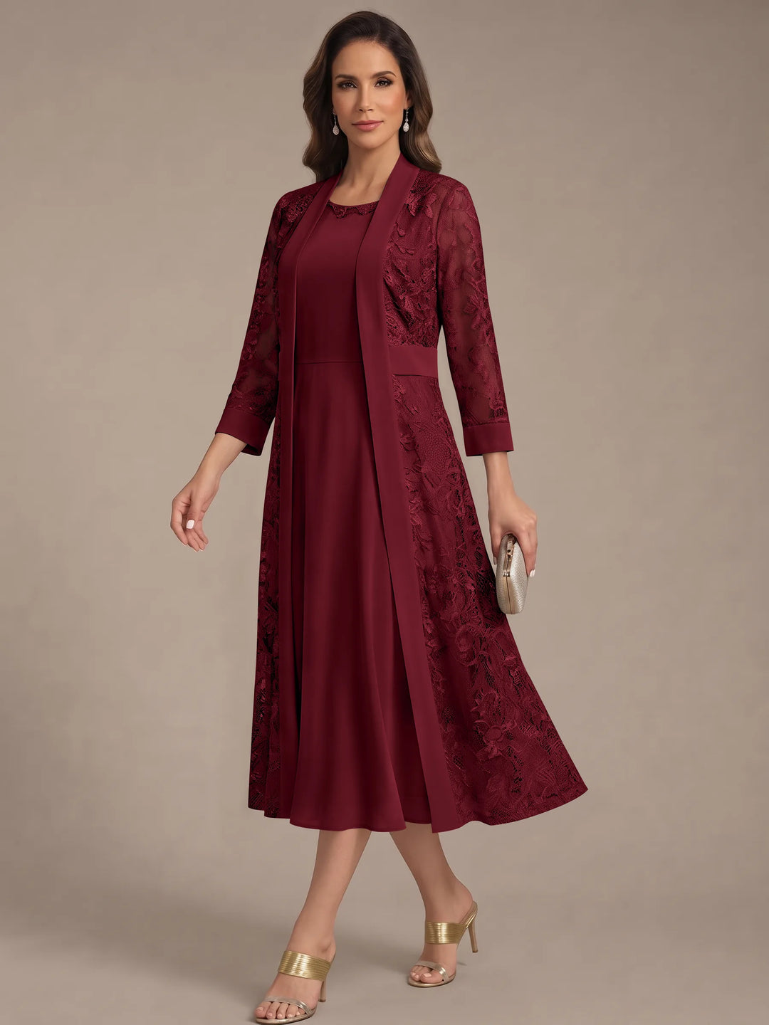 A-Line/Princess Scoop Chiffon Mother of the Bride Dresses with Lace Jacket 3/4 Sleeves Tea-Length
