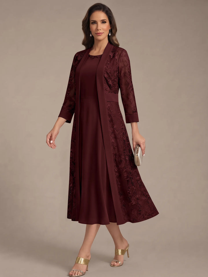 A-Line/Princess Scoop Chiffon Mother of the Bride Dresses with Lace Jacket 3/4 Sleeves Tea-Length