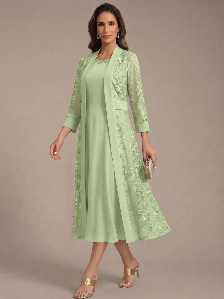 A-Line/Princess Scoop Chiffon Mother of the Bride Dresses with Lace Jacket 3/4 Sleeves Tea-Length