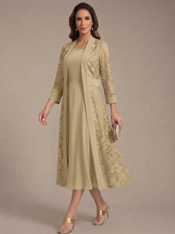 A-Line/Princess Scoop Chiffon Mother of the Bride Dresses with Lace Jacket 3/4 Sleeves Tea-Length