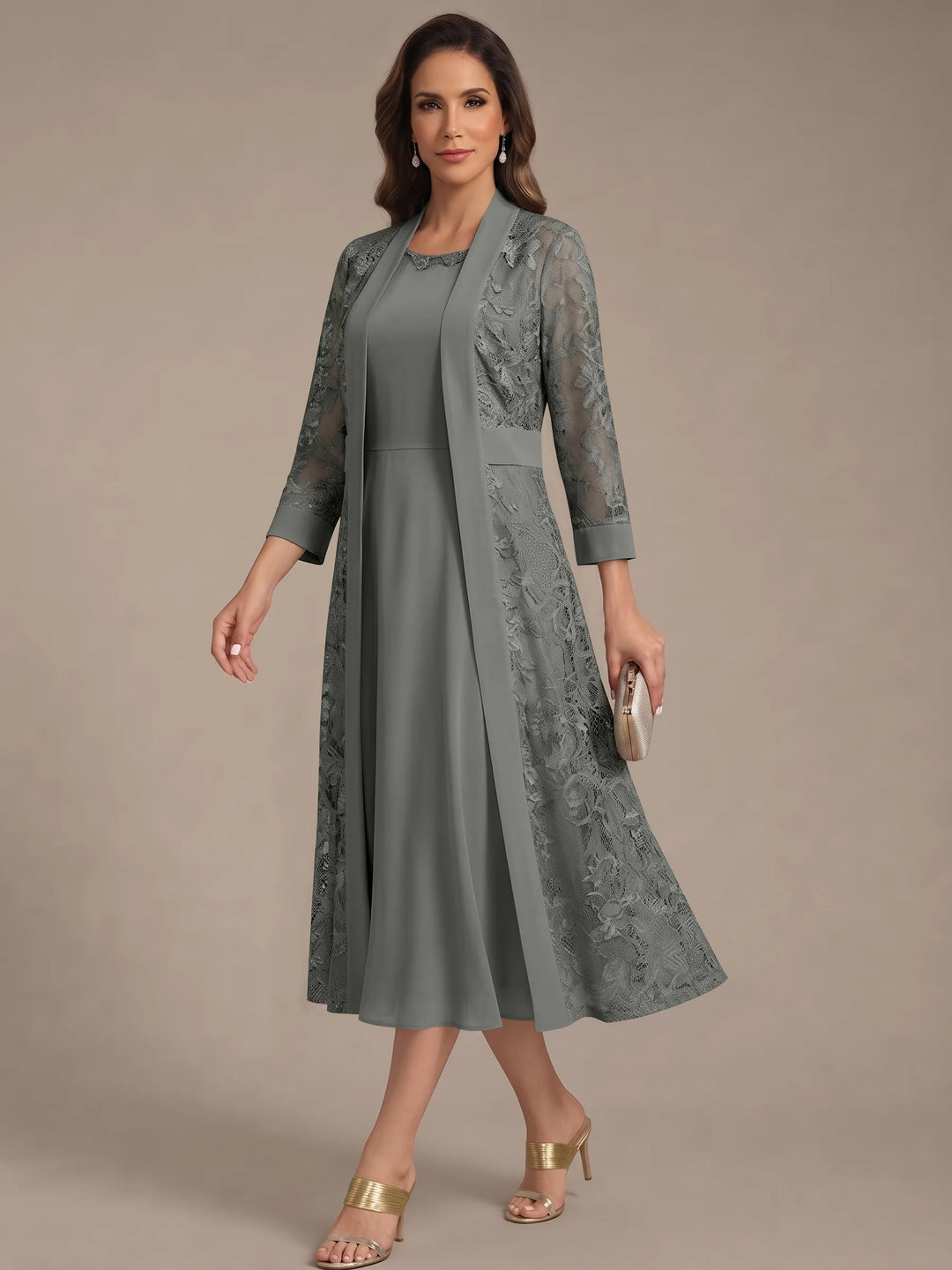 A-Line/Princess Scoop Chiffon Mother of the Bride Dresses with Lace Jacket 3/4 Sleeves Tea-Length