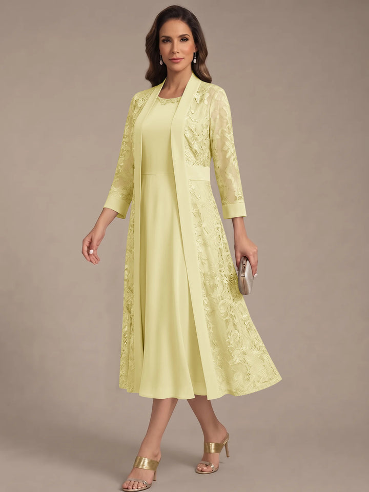 A-Line/Princess Scoop Chiffon Mother of the Bride Dresses with Lace Jacket 3/4 Sleeves Tea-Length