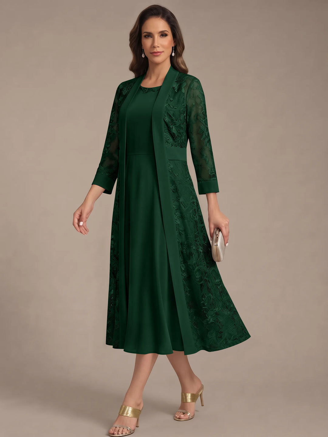 A-Line/Princess Scoop Chiffon Mother of the Bride Dresses with Lace Jacket 3/4 Sleeves Tea-Length