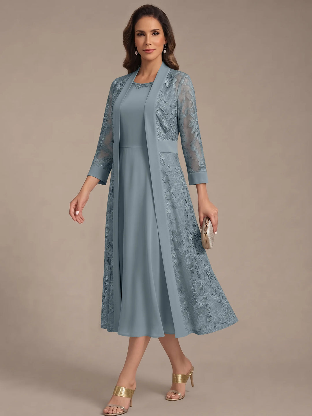 A-Line/Princess Scoop Chiffon Mother of the Bride Dresses with Lace Jacket 3/4 Sleeves Tea-Length