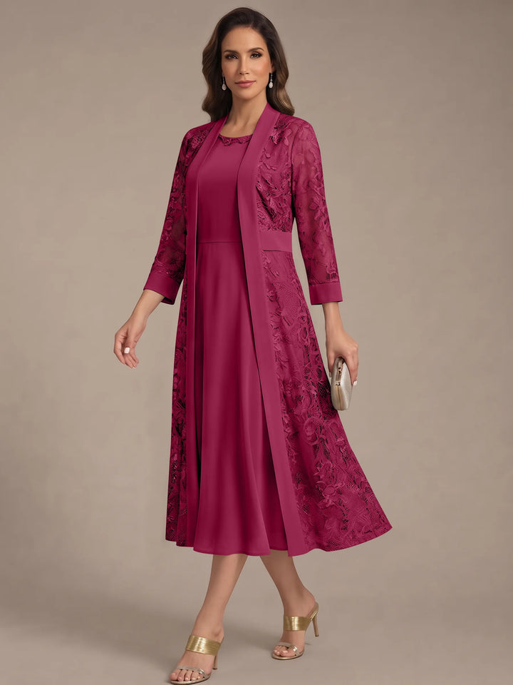 A-Line/Princess Scoop Chiffon Mother of the Bride Dresses with Lace Jacket 3/4 Sleeves Tea-Length