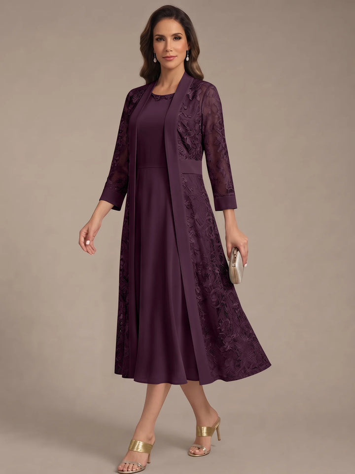 A-Line/Princess Scoop Chiffon Mother of the Bride Dresses with Lace Jacket 3/4 Sleeves Tea-Length