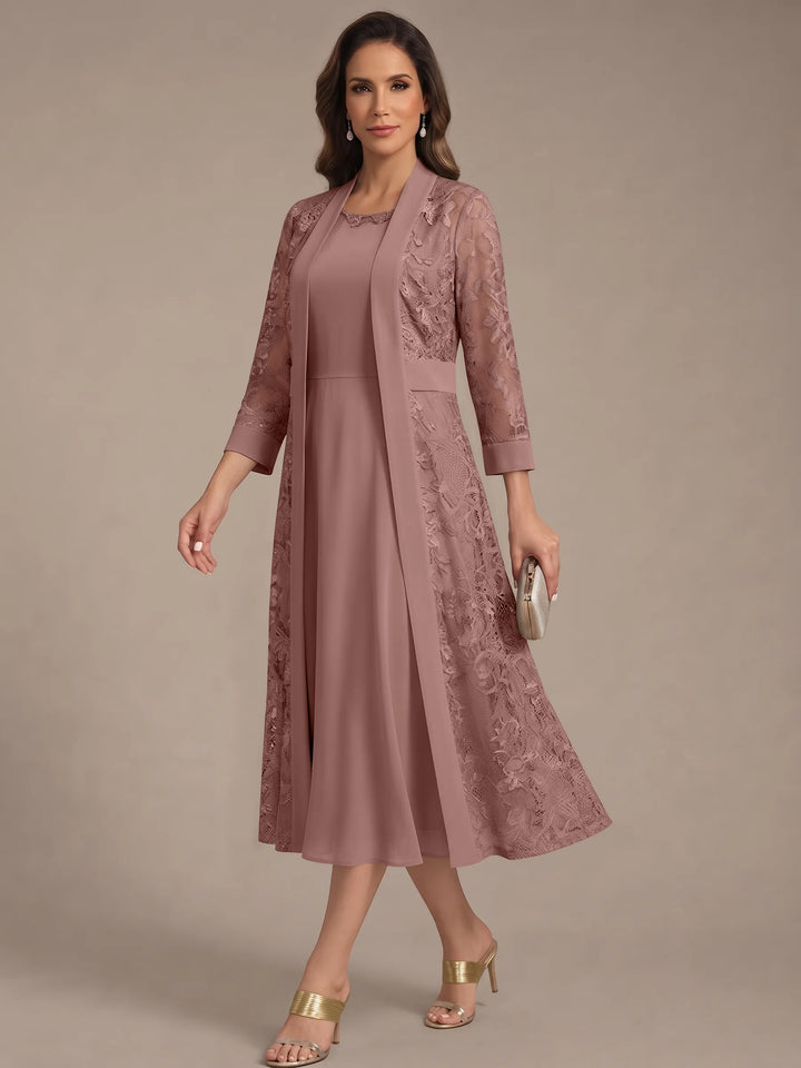 A-Line/Princess Scoop Chiffon Mother of the Bride Dresses with Lace Jacket 3/4 Sleeves Tea-Length