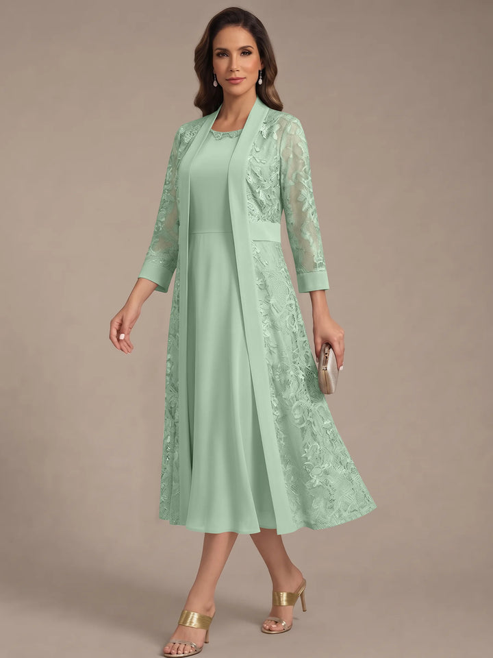 A-Line/Princess Scoop Chiffon Mother of the Bride Dresses with Lace Jacket 3/4 Sleeves Tea-Length