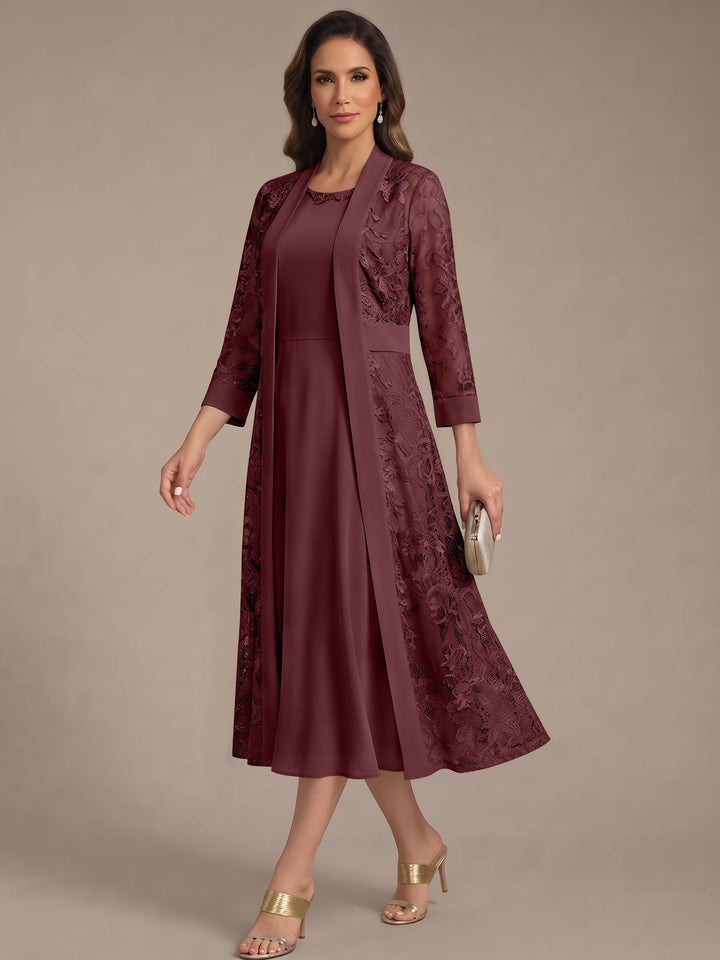 A-Line/Princess Scoop Chiffon Mother of the Bride Dresses with Lace Jacket 3/4 Sleeves Tea-Length