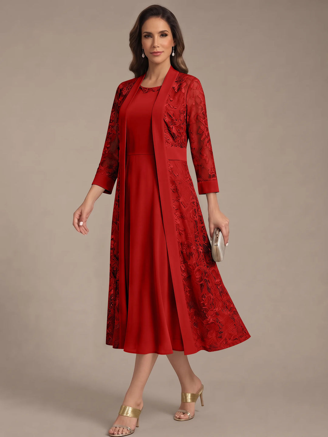 A-Line/Princess Scoop Chiffon Mother of the Bride Dresses with Lace Jacket 3/4 Sleeves Tea-Length