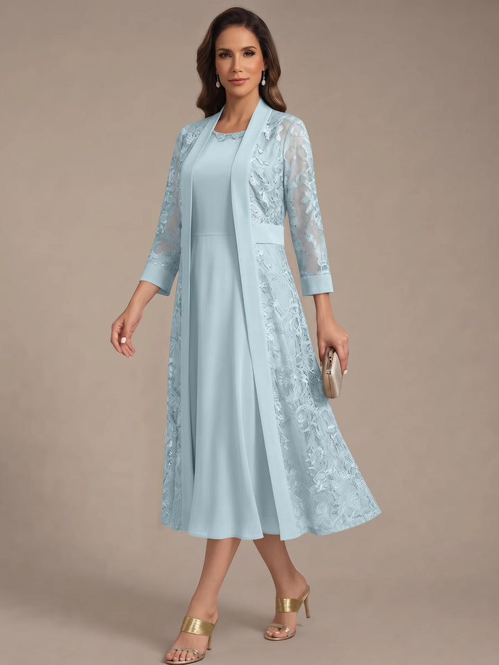 A-Line/Princess Scoop Chiffon Mother of the Bride Dresses with Lace Jacket 3/4 Sleeves Tea-Length