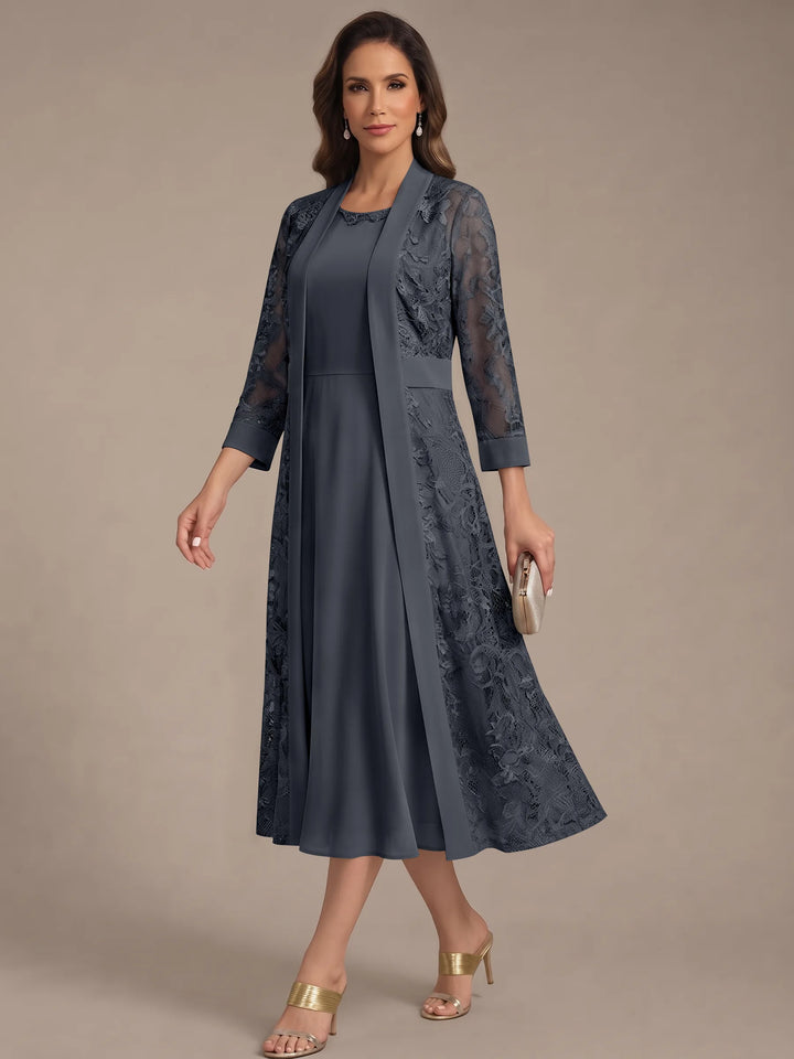 A-Line/Princess Scoop Chiffon Mother of the Bride Dresses with Lace Jacket 3/4 Sleeves Tea-Length
