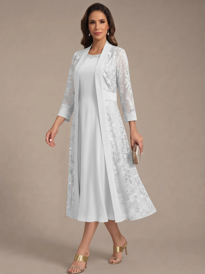 A-Line/Princess Scoop Chiffon Mother of the Bride Dresses with Lace Jacket 3/4 Sleeves Tea-Length