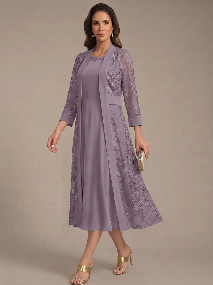 A-Line/Princess Scoop Chiffon Mother of the Bride Dresses with Lace Jacket 3/4 Sleeves Tea-Length