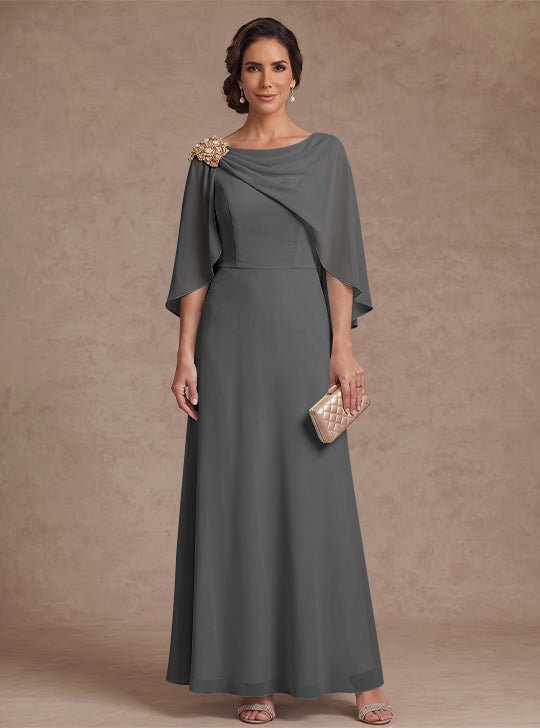 A-Line/Princess Boat Neck Chiffon Mother of the Bride Dresses Cape Sleeves Ankle-Length Rhinestone