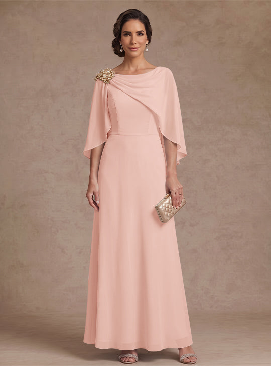 A-Line/Princess Boat Neck Chiffon Mother of the Bride Dresses Cape Sleeves Ankle-Length Rhinestone