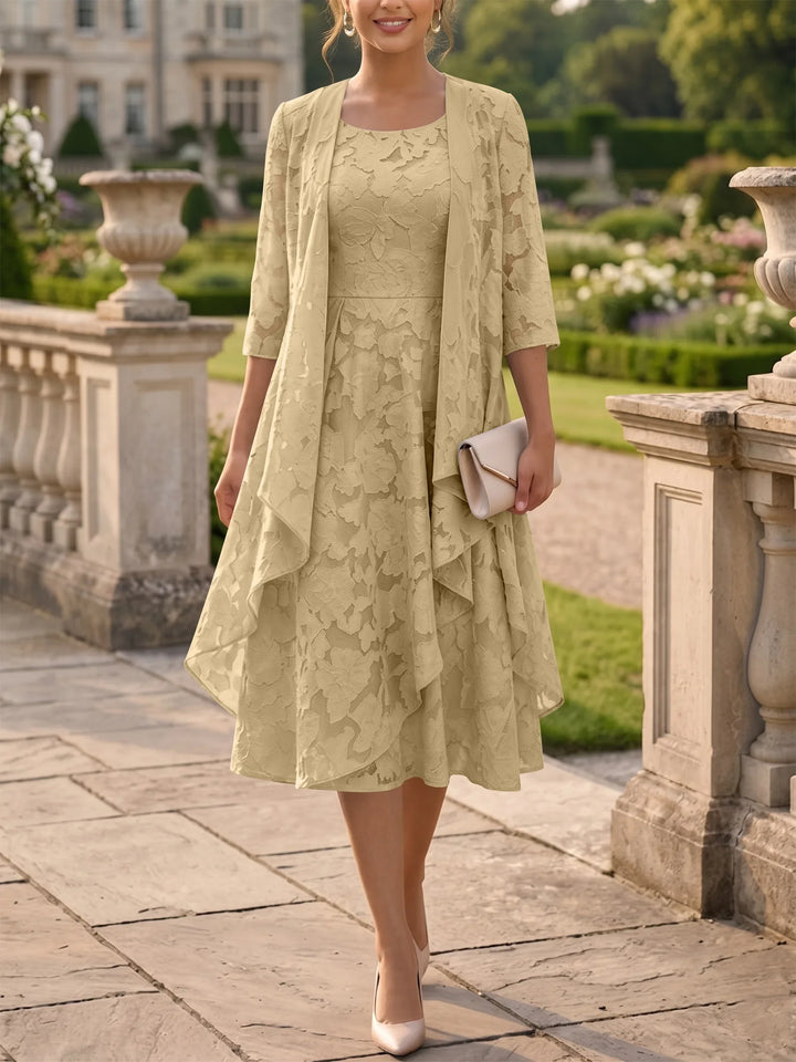 A-Line/Princess Scoop Chiffon Floral Mother of the Bride Dresses with Jacket Tea-Length 3/4 Sleeves Ruffles