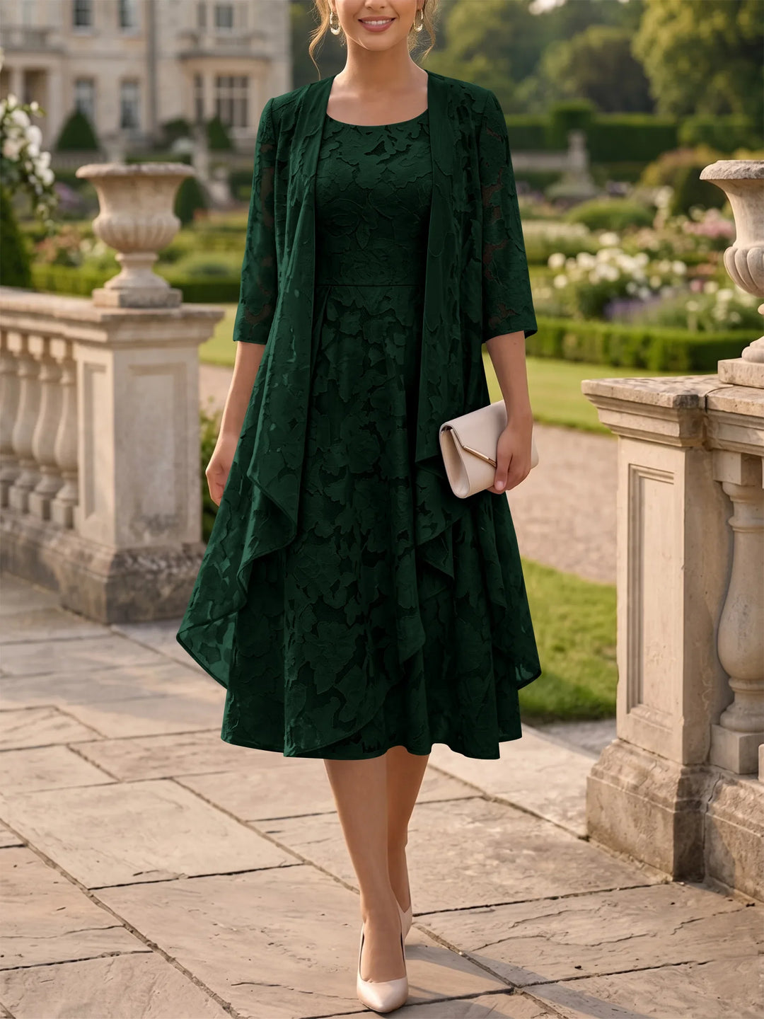 A-Line/Princess Scoop Chiffon Floral Mother of the Bride Dresses with Jacket Tea-Length 3/4 Sleeves Ruffles