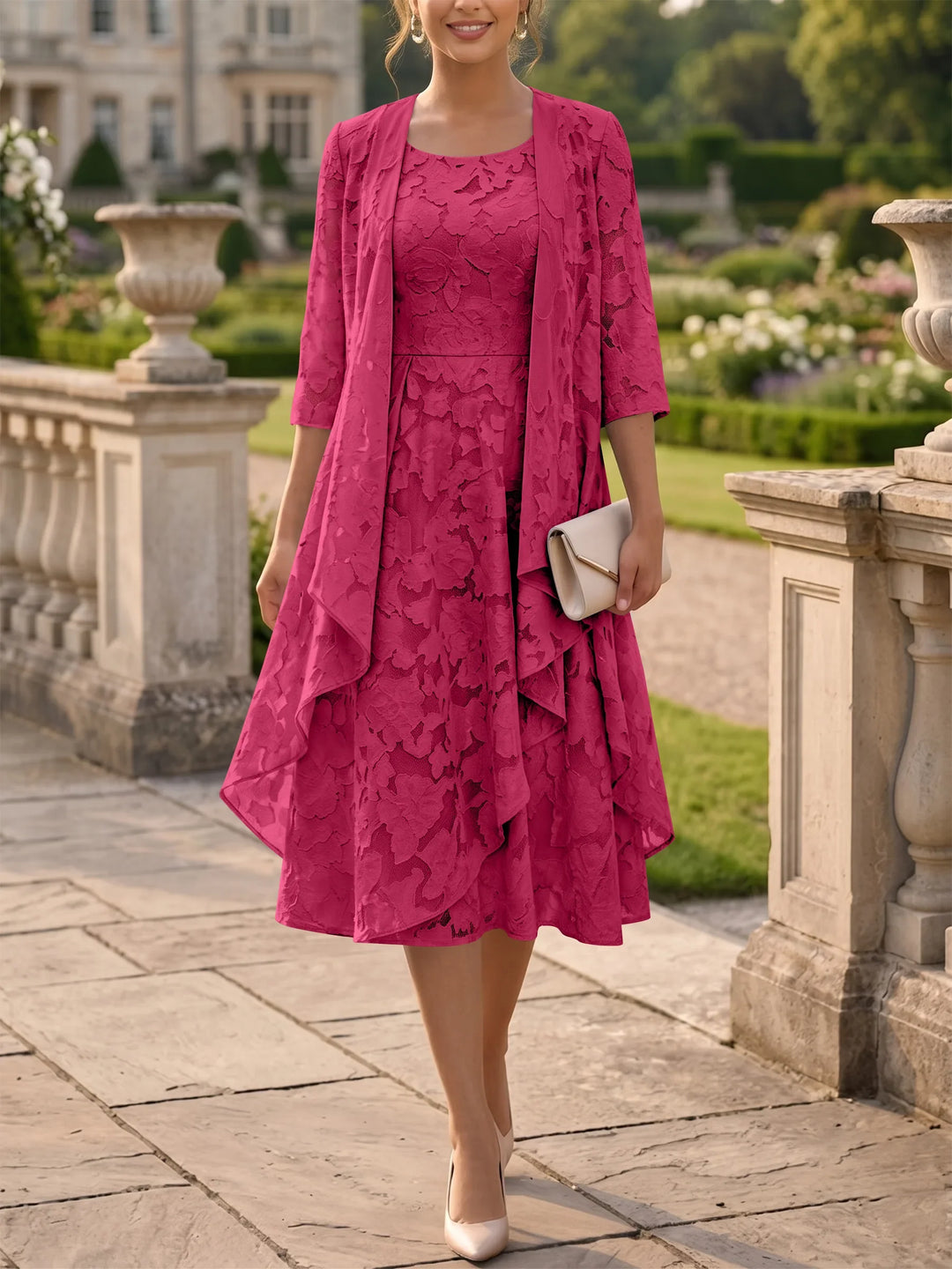 A-Line/Princess Scoop Chiffon Floral Mother of the Bride Dresses with Jacket Tea-Length 3/4 Sleeves Ruffles