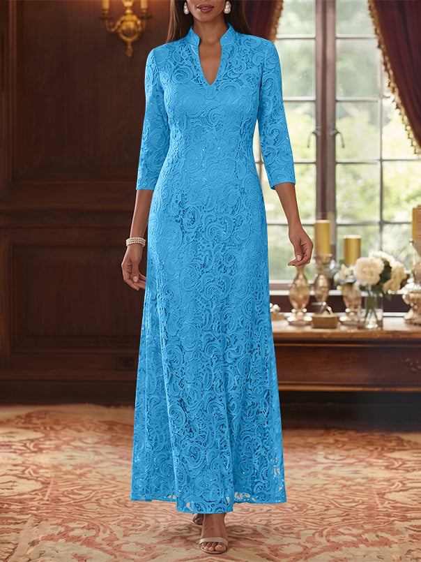 A-Line/Princess V-Neck Lace Mother of the Bride Dresses Ankle-Length 3/4 Sleeves Floral
