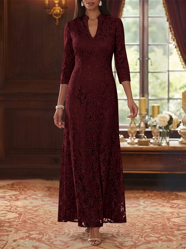 A-Line/Princess V-Neck Lace Mother of the Bride Dresses Ankle-Length 3/4 Sleeves Floral