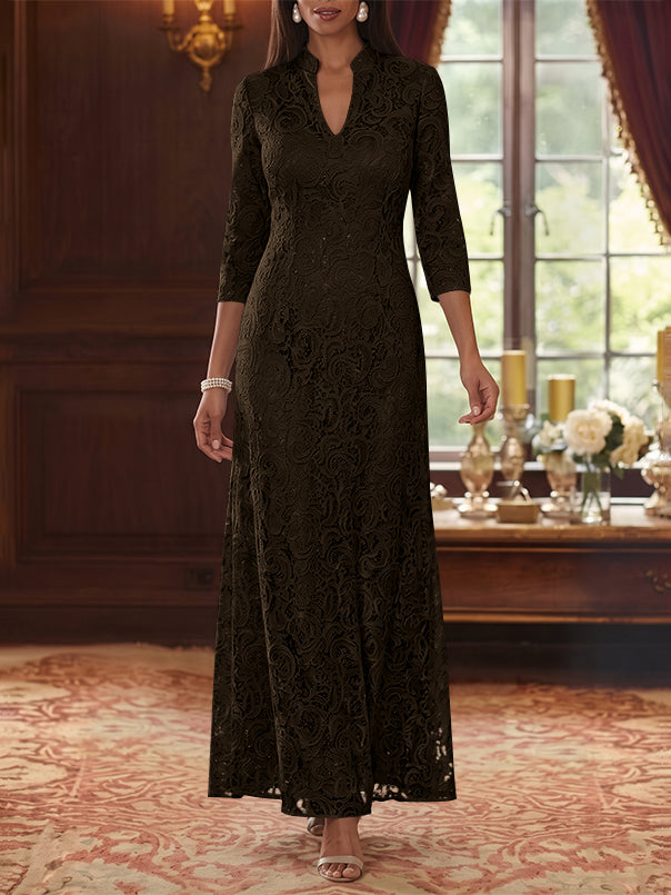 A-Line/Princess V-Neck Lace Mother of the Bride Dresses Ankle-Length 3/4 Sleeves Floral