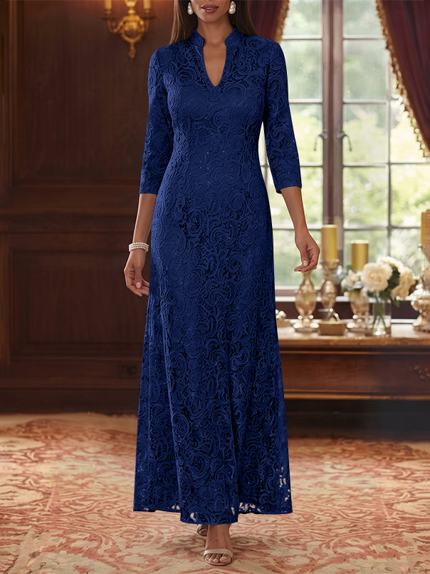 A-Line/Princess V-Neck Lace Mother of the Bride Dresses Ankle-Length 3/4 Sleeves Floral