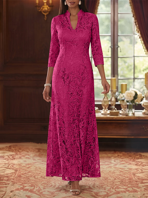 A-Line/Princess V-Neck Lace Mother of the Bride Dresses Ankle-Length 3/4 Sleeves Floral