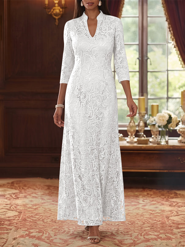 A-Line/Princess V-Neck Lace Mother of the Bride Dresses Ankle-Length 3/4 Sleeves Floral