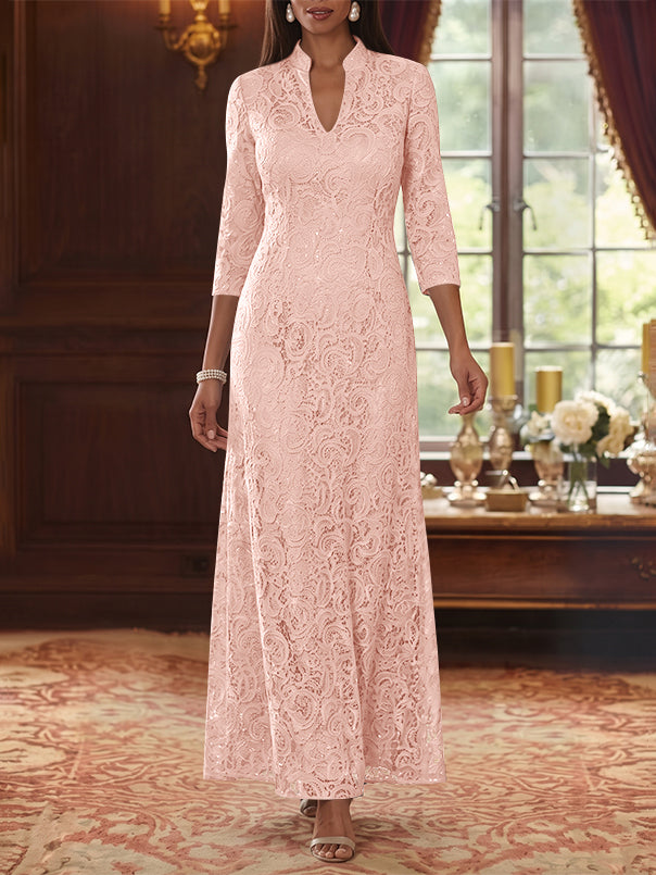 A-Line/Princess V-Neck Lace Mother of the Bride Dresses Ankle-Length 3/4 Sleeves Floral