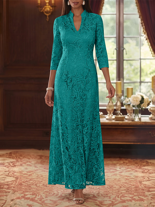 A-Line/Princess V-Neck Lace Mother of the Bride Dresses Ankle-Length 3/4 Sleeves Floral