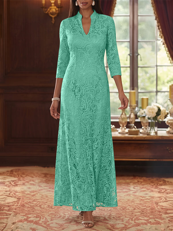 A-Line/Princess V-Neck Lace Mother of the Bride Dresses Ankle-Length 3/4 Sleeves Floral
