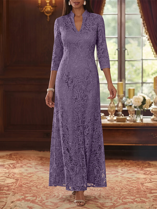 A-Line/Princess V-Neck Lace Mother of the Bride Dresses Ankle-Length 3/4 Sleeves Floral
