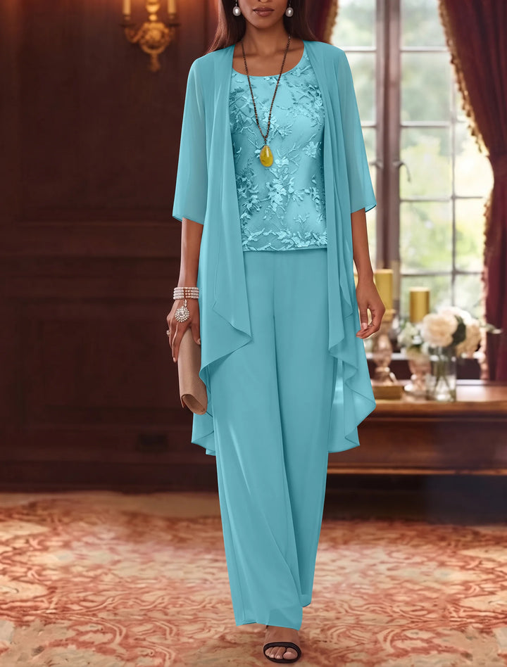 3 Pieces Scoop Chiffon Mother of the Bride Pantsuits with Jacket 3/4 Sleeves Ankle-Length Lace Floral