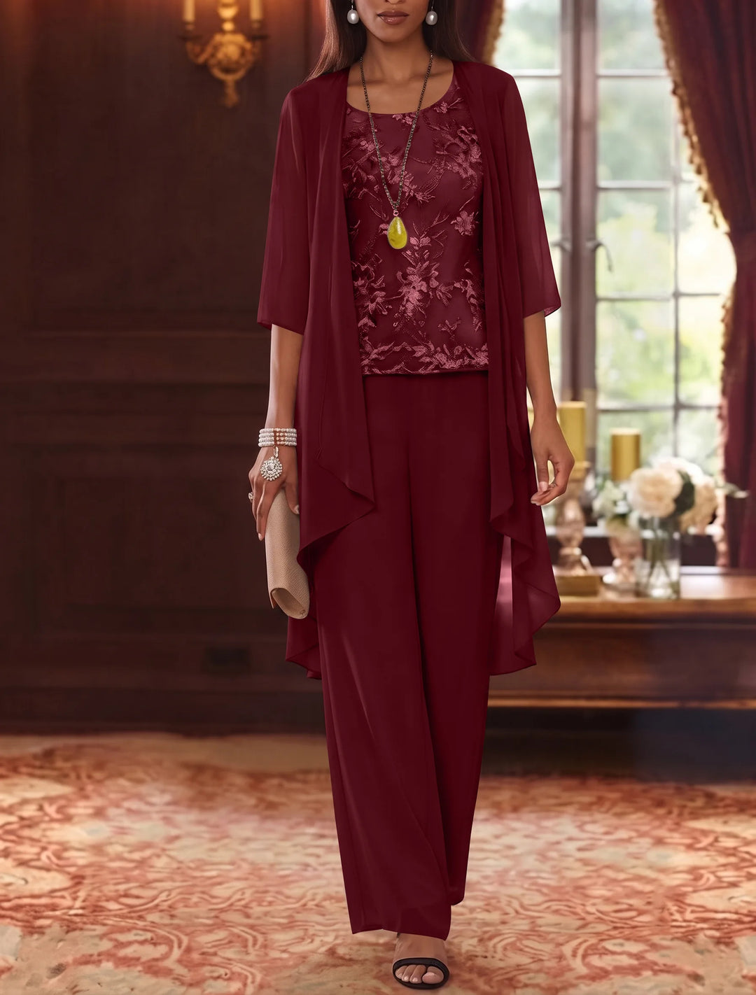 3 Pieces Scoop Chiffon Mother of the Bride Pantsuits with Jacket 3/4 Sleeves Ankle-Length Lace Floral