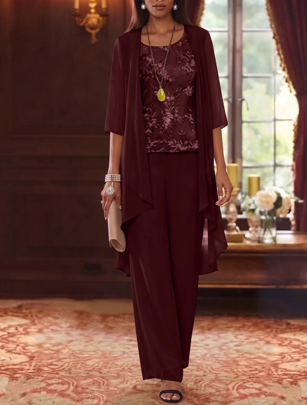 3 Pieces Scoop Chiffon Mother of the Bride Pantsuits with Jacket 3/4 Sleeves Ankle-Length Lace Floral