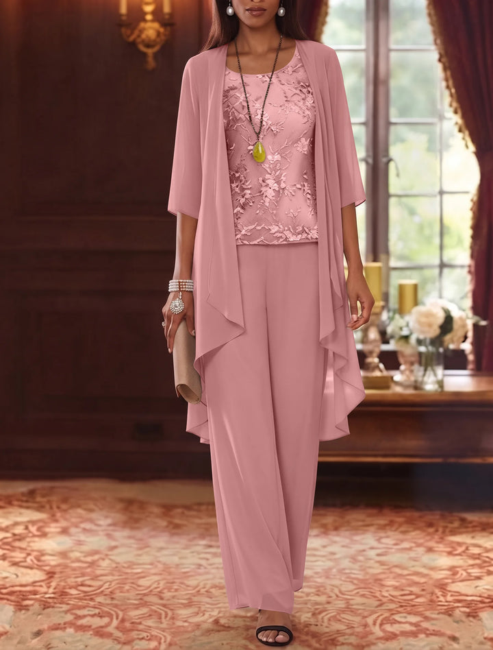 3 Pieces Scoop Chiffon Mother of the Bride Pantsuits with Jacket 3/4 Sleeves Ankle-Length Lace Floral