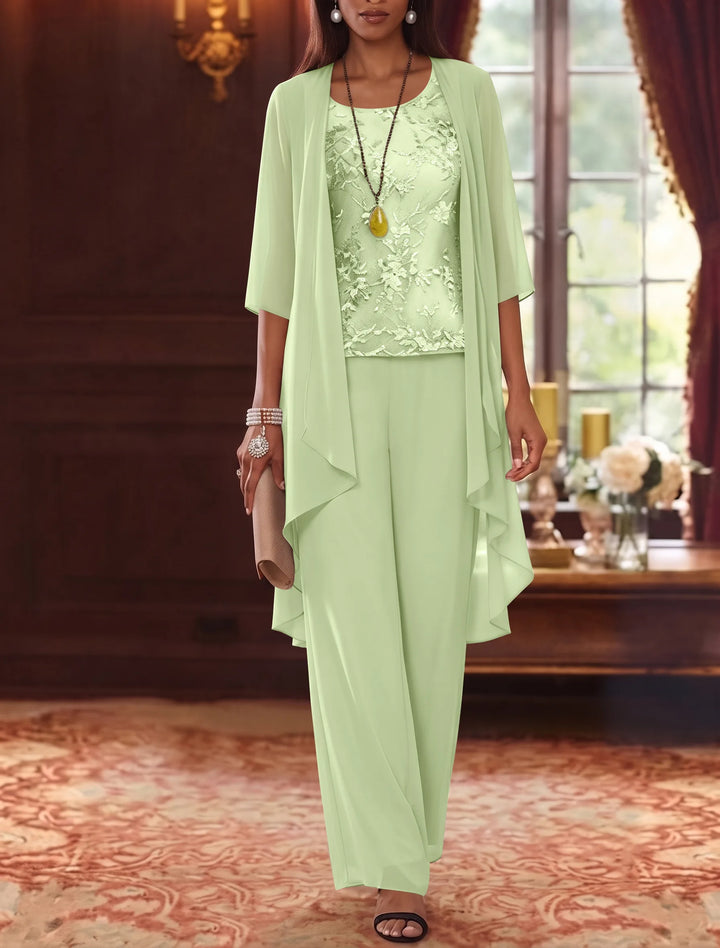 3 Pieces Scoop Chiffon Mother of the Bride Pantsuits with Jacket 3/4 Sleeves Ankle-Length Lace Floral