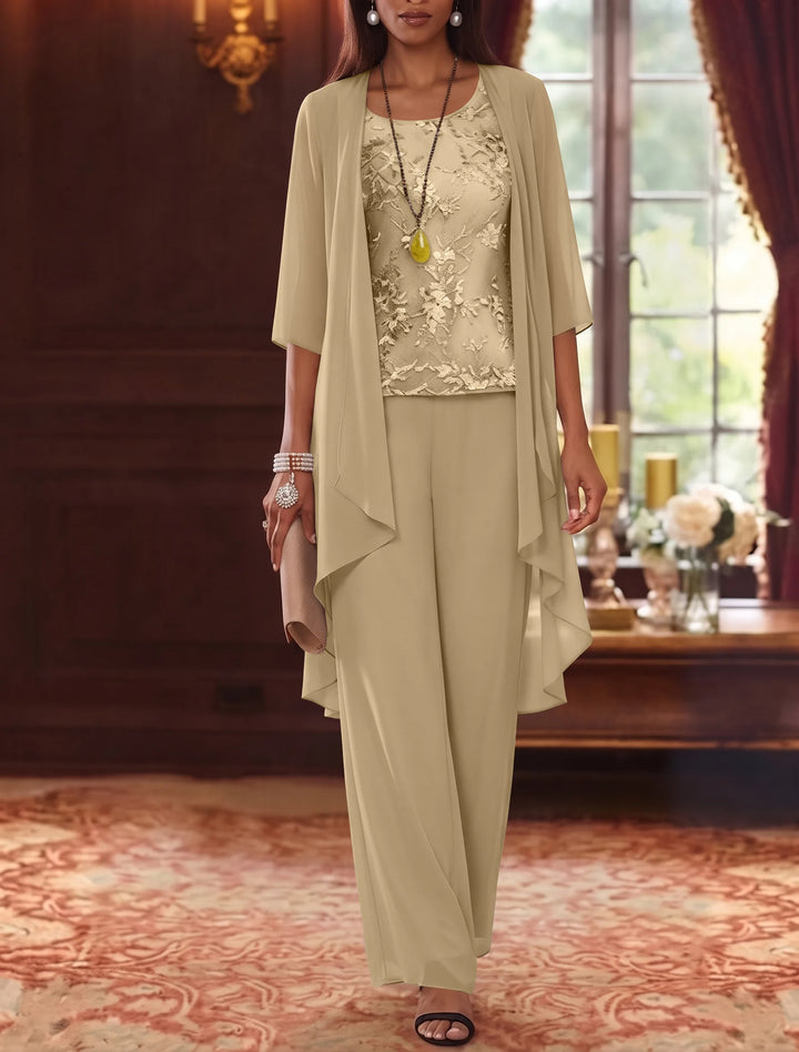 3 Pieces Scoop Chiffon Mother of the Bride Pantsuits with Jacket 3/4 Sleeves Ankle-Length Lace Floral